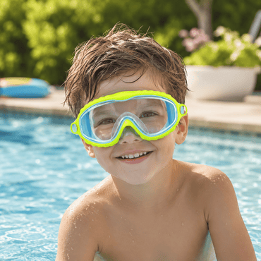 A young boy smiling in a swimming pool while wearing a bright neon yellow and light blue swim mask.