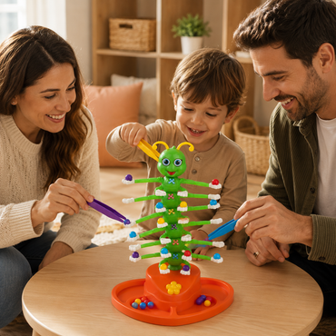 A family playing with a colorful caterpillar toy on a round wooden table