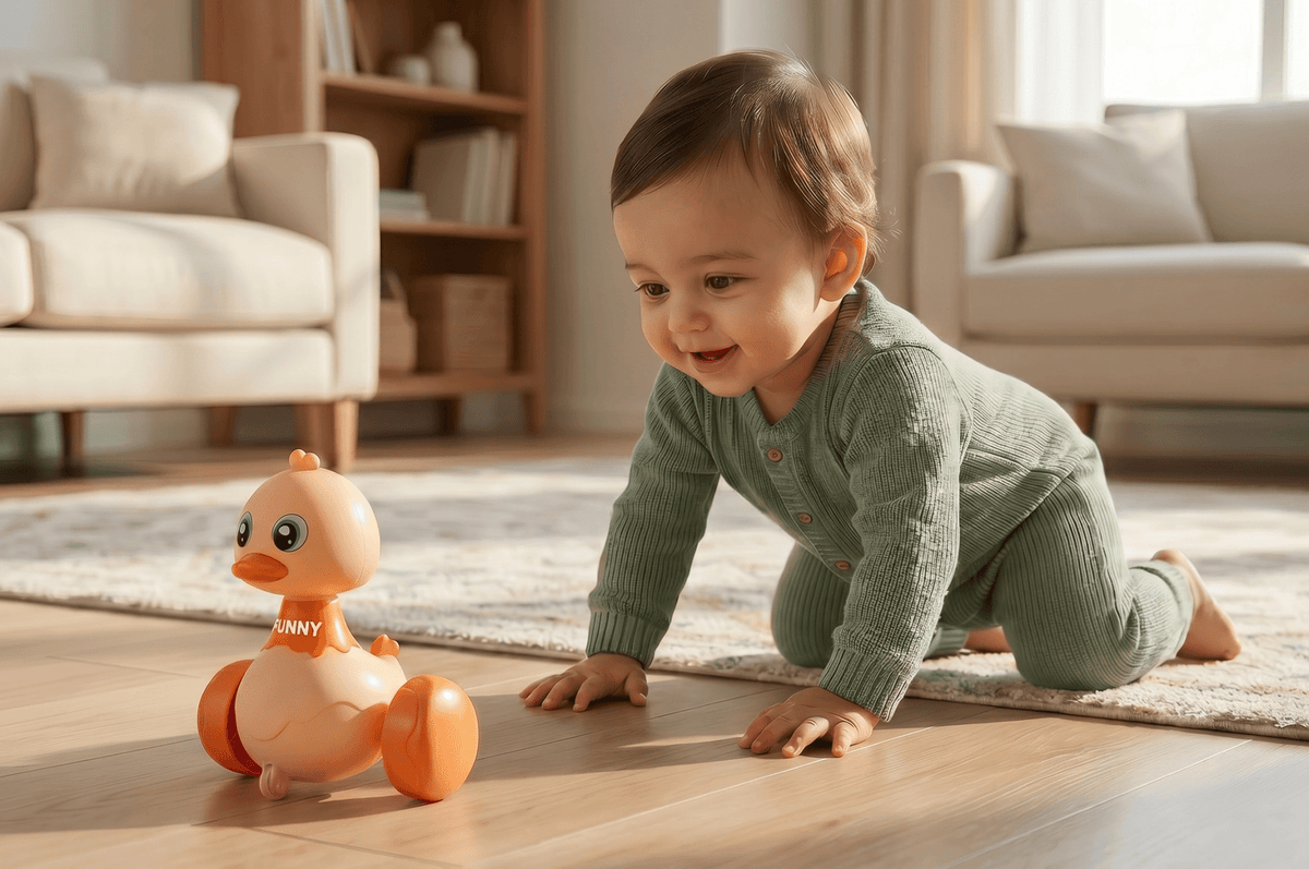 Child crawling after a toy, toy duchk encouraging kids crawling and first steps