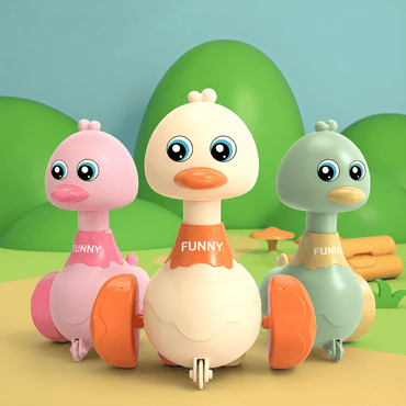 Three colorful duck-shaped toys with wheels , an infant's fun toy for crawling