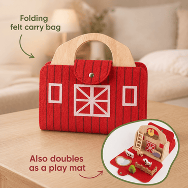 Red felt carry bag with wooden handle on a table, labeled as a folding felt carry bag and play mat.