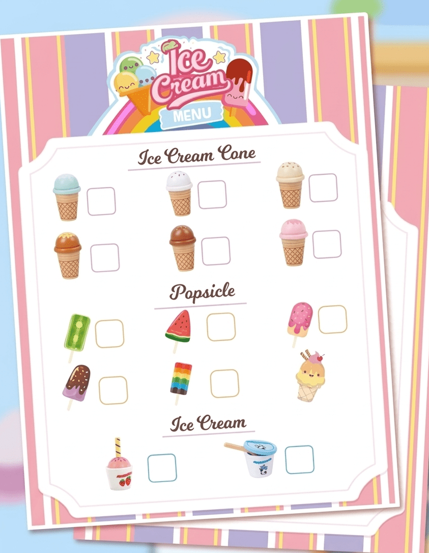 Ice cream-themed checklist with cartoon illustrations on a colorful background
