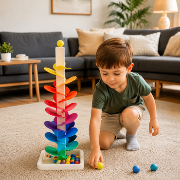 Boy focused on picking up a ball, practicing attention and focus development sounds play