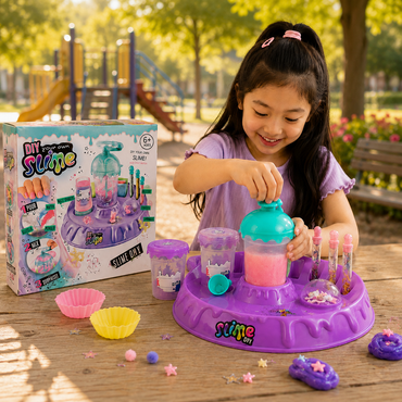 Girl making rainbow slime outdoors with the DIY Crystal Slime Mixer Kit shaker