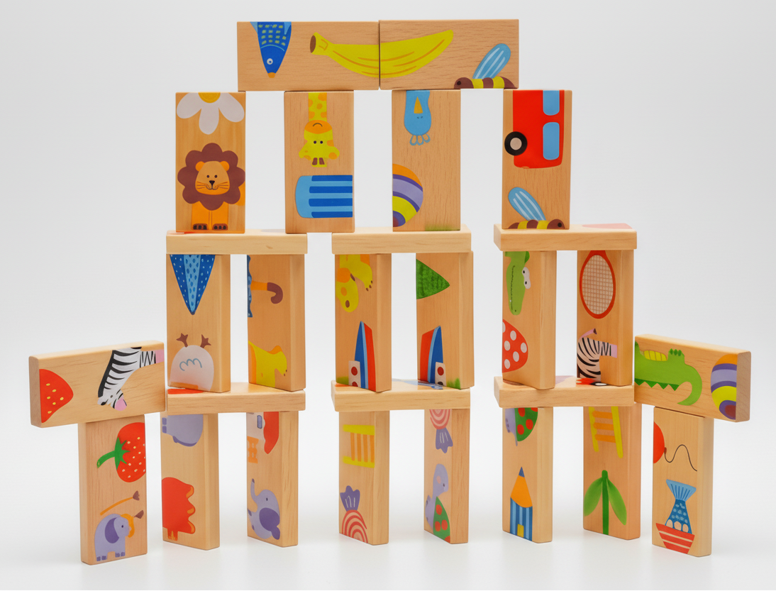 Stack of colorful wooden blocks with animal and fruit patterns on a white background