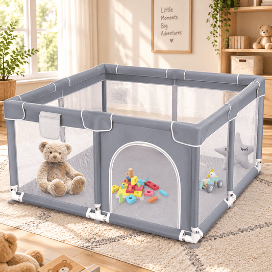 Extra large 360 degree mesh baby playpen in gray, set up indoors with toys for supervised play