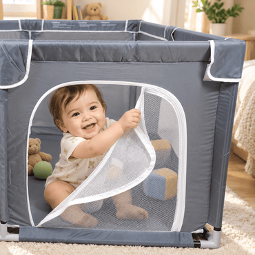 Baby playpen with external zipper mesh door for easy parent access