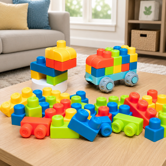 First building block set of soft building blocks piled up with a built house and train