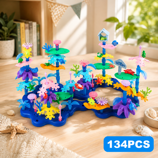 Finished flower garden building toy on a blue base, 134-piece set