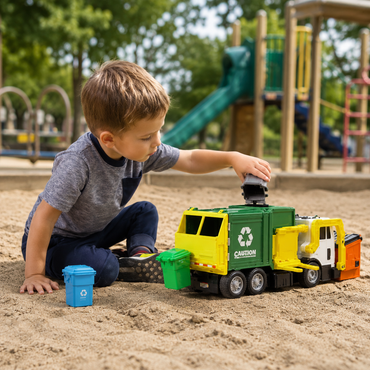 Garbage truck playset with recycling badge accessories and mini trash bins