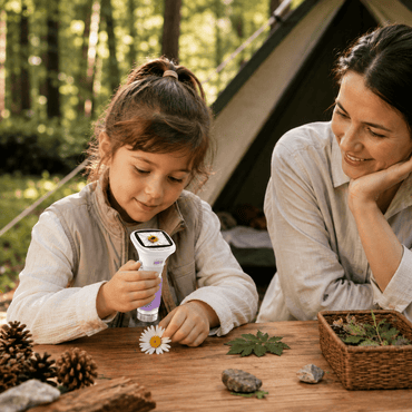Girl using purple digital handheld microscope to examine a daisy flower while camping with mom