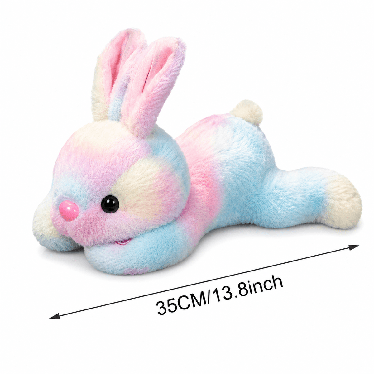 Colorful plush rabbit toy with measurement text on a white background