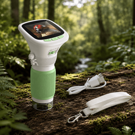 Green digital handheld microscope with screen showing a magnified ladybug outdoors - kids STEM toy