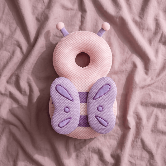Baby Head Pillow Backpack - Mesh Butterfly SafePals mauve wrinkled-fabric flat-lay