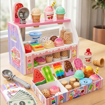Children's toy ice cream set with a pink and white stand on a wooden table.