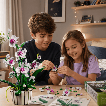 Two kids building the Orchid Building Set together at a table