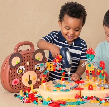 Child playing with a colorful Montessori Drill & Build Toolbox set on a beige background