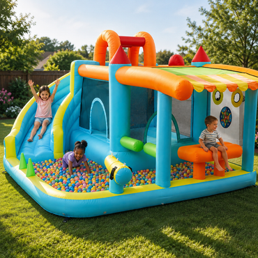 Kids playing together in the AquaQuest bounce house ball pit and mesh play area