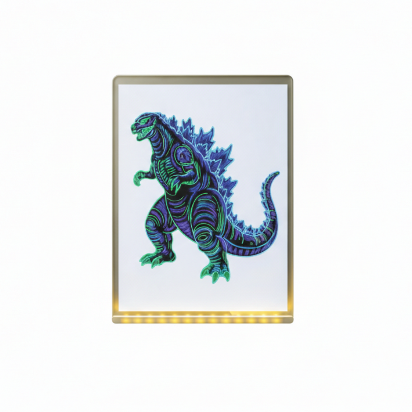 Framed artwork of a stylized godzilla drawn on a LED drawing board