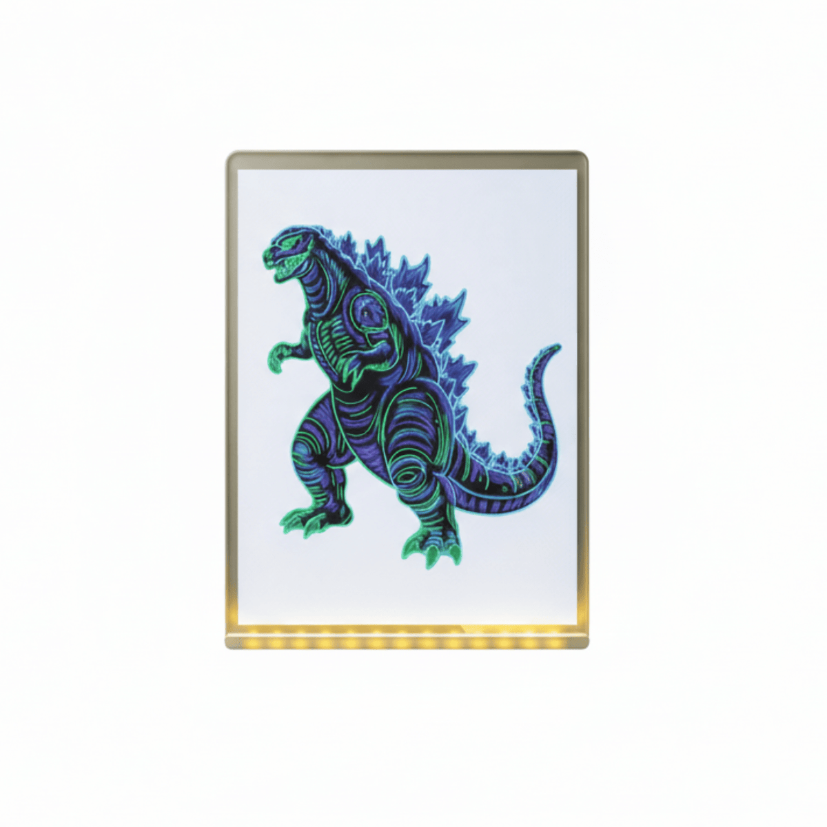 Framed artwork of a stylized godzilla drawn on a LED drawing board