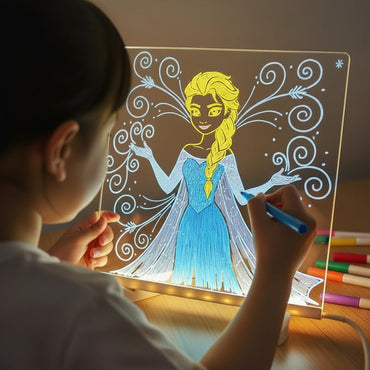 Child coloring a princess on a light-up board with markers.