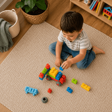 A little engineer playing with soft building blocks and a toy car on the floor