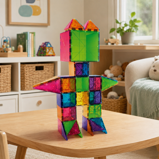 A robot-shaped figure built from translucent colored magnetic building tiles standing on a wooden table.