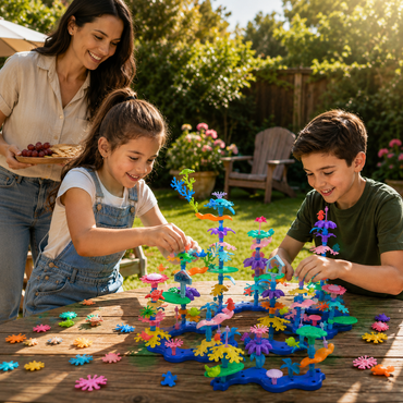 Mom and two kids building the flower garden stacking toy together outdoors