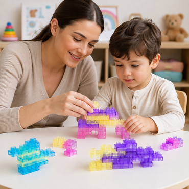 Mom and toddler playing together with translucent jelly building blocks at a table