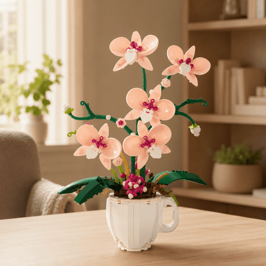 Pink orchid coffee cup building block set displayed on a shelf