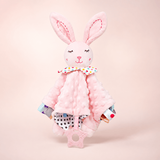 Pink bunny lovey soothing comfort blanket with teether for babies