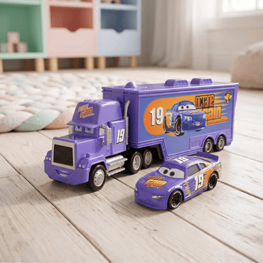 A purple toy race truck and matching small race car set placed on a light wood floor in a softly blurred room setting.