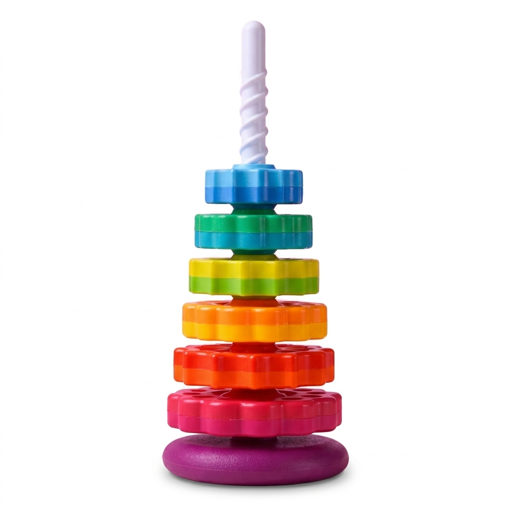Colorful stacking toy with a white top on a white background -infants development