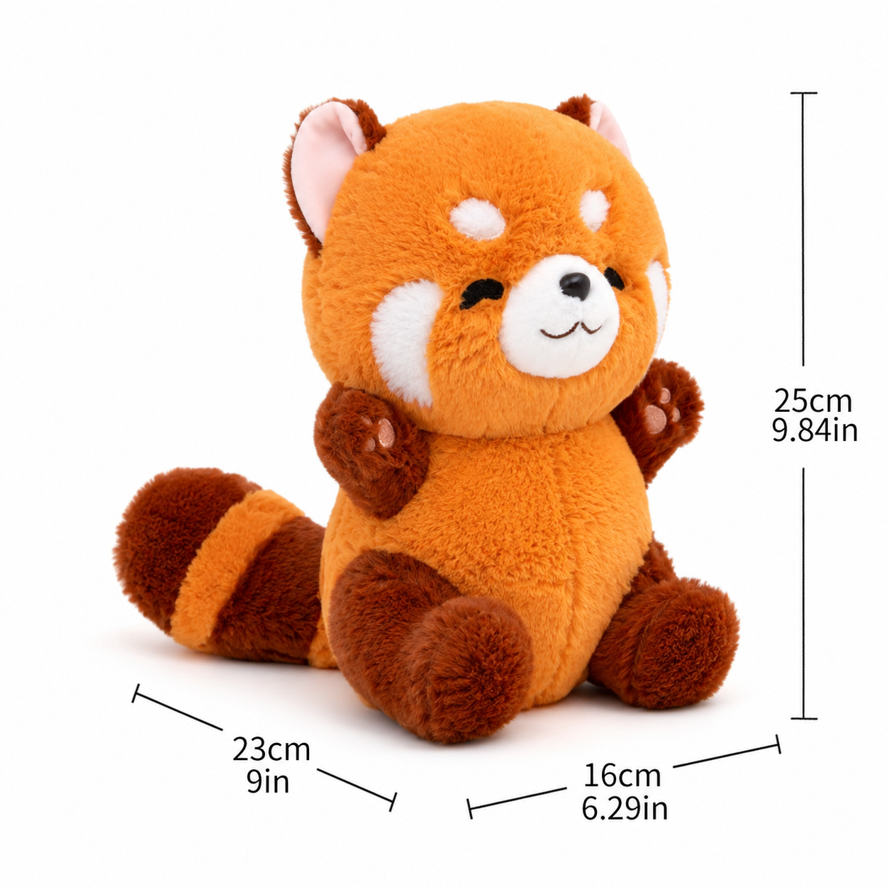 Plush red panda toy with measurements on a white background