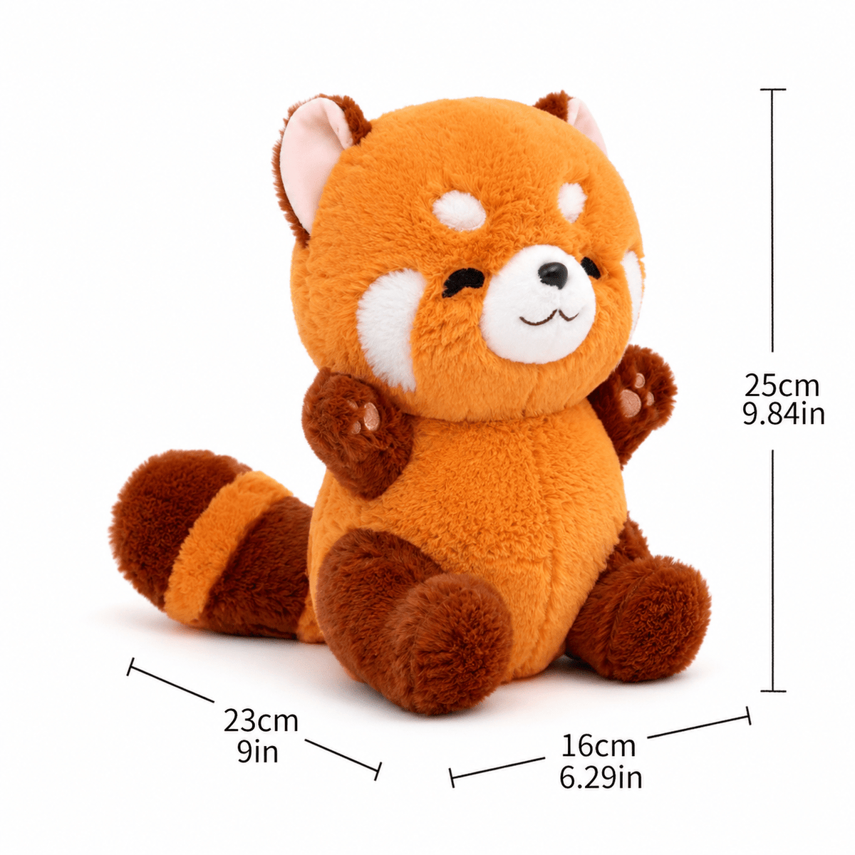 Plush red panda toy with measurements on a white background