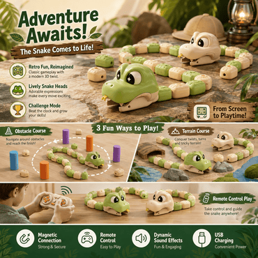 Feature highlights of the magnetic growing snake remote control toy: magnetic connection, remote control play, screen-free fun, dynamic sound effects, USB rechargeable