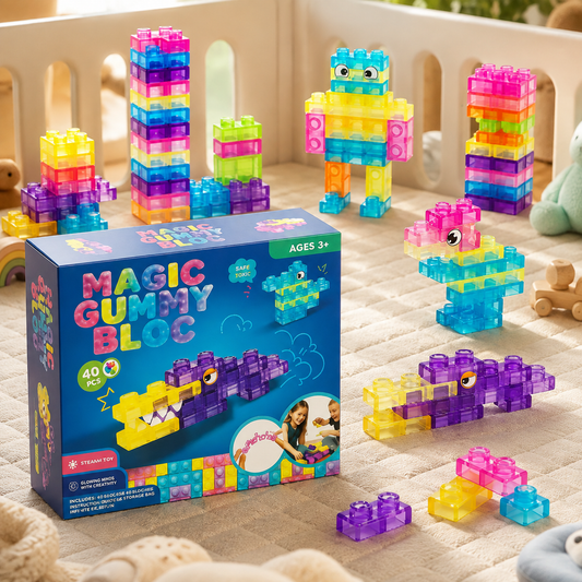 Squeeze Stack Jelly Building Blocks stacked into colorful towers and a robot figure next to the box, ages 3+