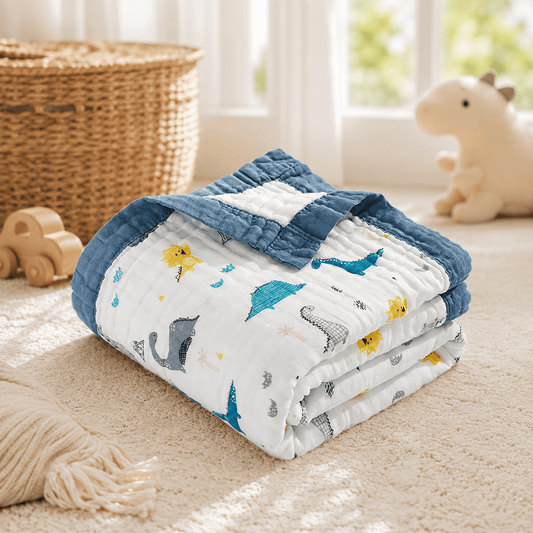 Folded Blue Dinosaur pattern swaddle blanket in nursery with dinosaur plush toy