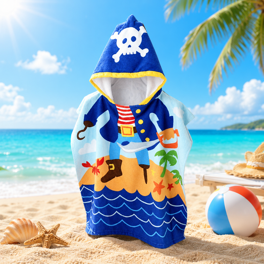 A hooded beach towel or poncho featuring a colorful pirate design