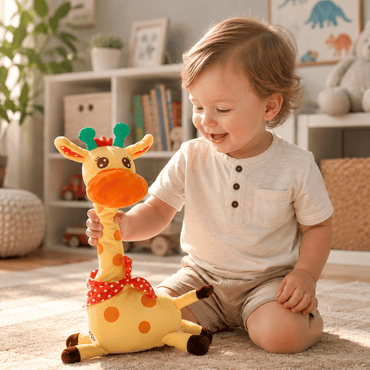 Toddler boy playing with musical toy giraffe for kids
