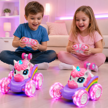 Two children playing with pink toy cars on a light-colored floor, a cool birthday gift for boys and girls