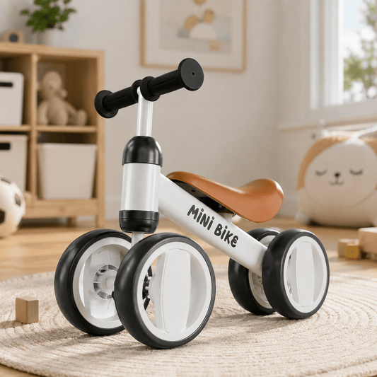 White and black baby balance bike, no pedal toddler ride-on toy