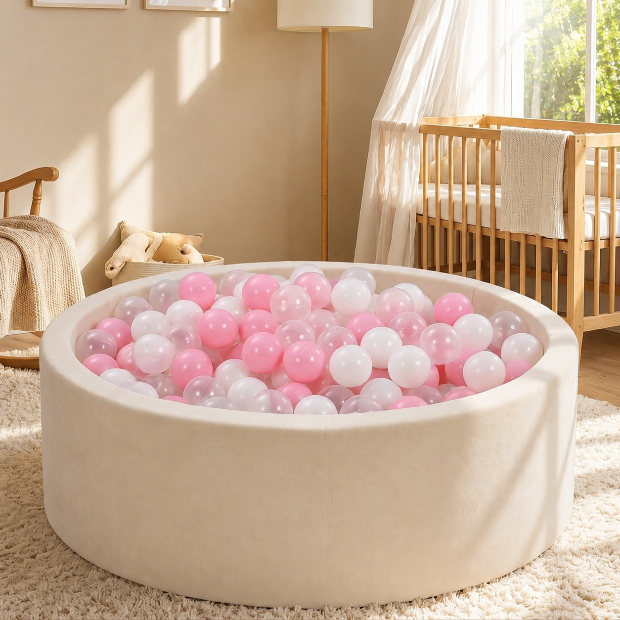 Round beige playpen filled with pink and white balls in a child's room.