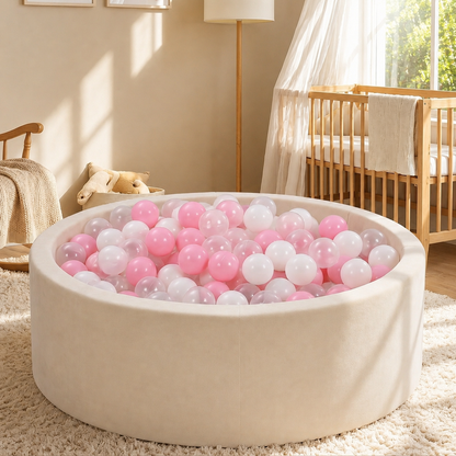 Round beige playpen filled with pink and white balls in a child's room.