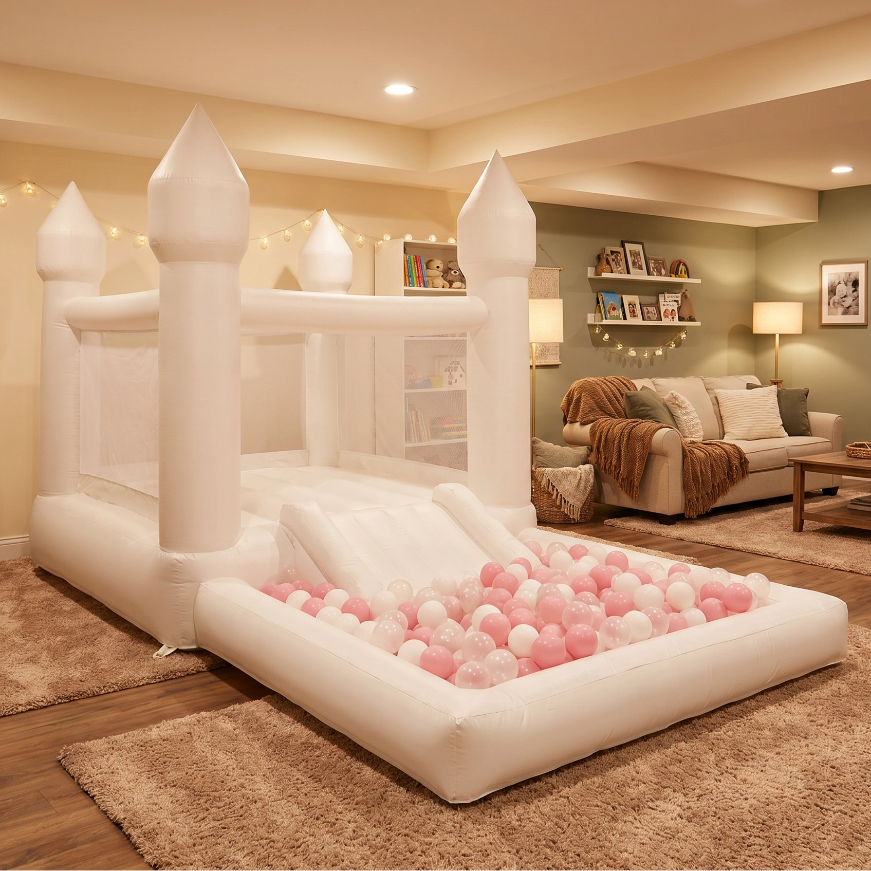Inflatable bouncy castle with ball pit in a living room setting