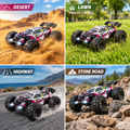 4WD RC monster truck driving on desert sand, lawn, highway, and rocky trail terrain