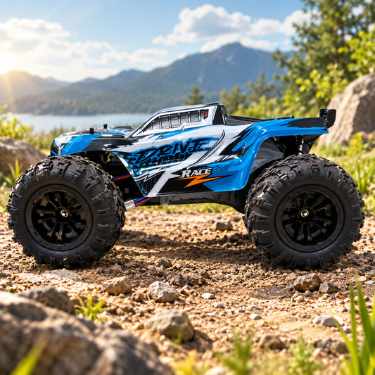 Blue 4WD high-speed RC monster truck driving over rocky terrain