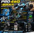 4WD RC monster truck internal parts infographic: metal differential, drive shaft, 7.4V battery, 2.4GHz remote