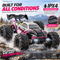 4WD RC monster truck IPX4 water-resistant splash protection infographic