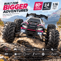 4WD RC monster truck specs infographic: 80+ km/h top speed, 2.4GHz remote control, all-terrain tires